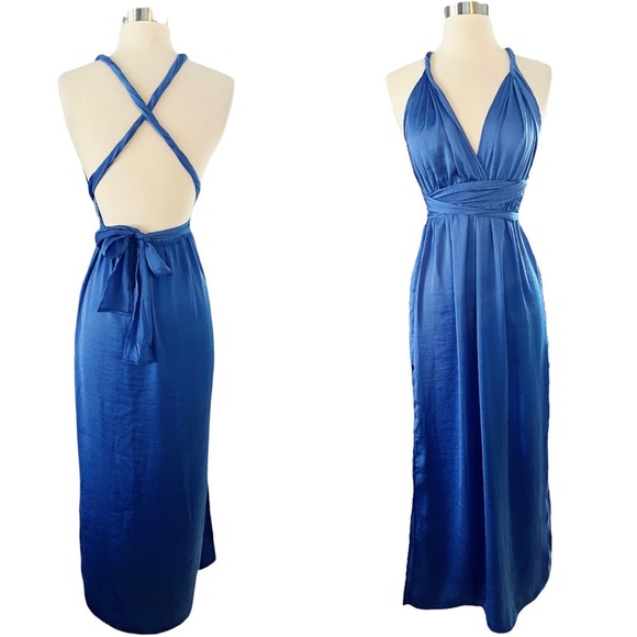 T. ZOVICH Blue Maxi Dress Satin Halter Ties Multiway Lightweight Ties Small NWT - Picture 1 of 12